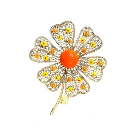 Signed ART Gold Multicolored Enamel Flower Brooch - Picture 9 of 9